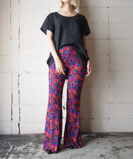 Flower Pattern Pleated Flared Pants PI OR PUR