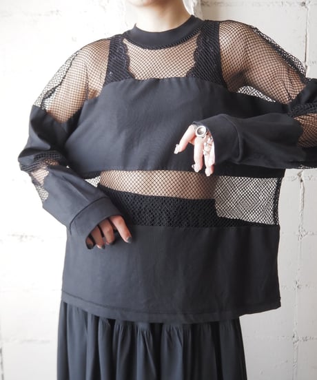 Mesh Switching Long Sleeve Tops BK