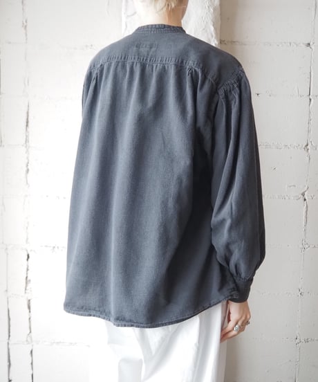 Front Gather Pullover Band Collar Shirt BK