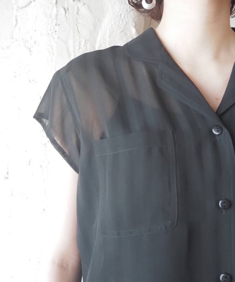Open Collar Sheer Stripe Shirt BK