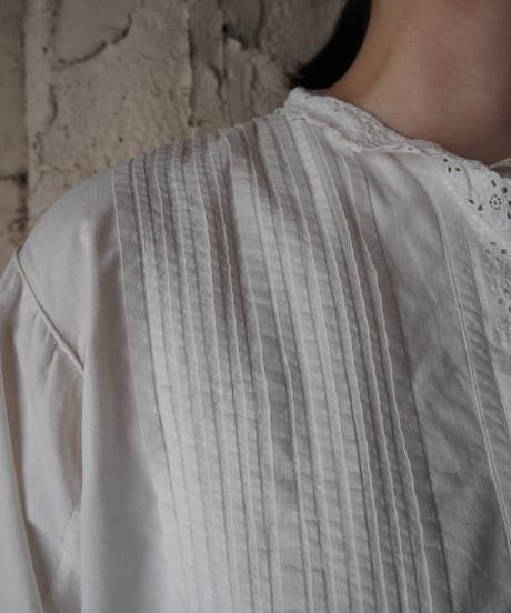 1920-30's Euro Cutwork Pintuck Long Sleeve Cotton Blouse WH