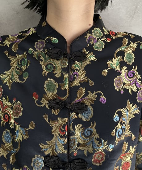Botanical Pattern Satin China Blouse BKGN