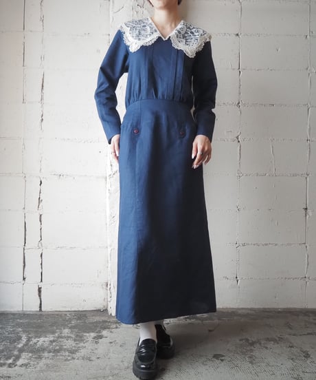 〜1980's Lace Collar Linen Mix Long Dress NV IV
