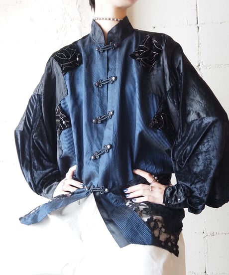 Velour × Lace Design China Shirt BKNV