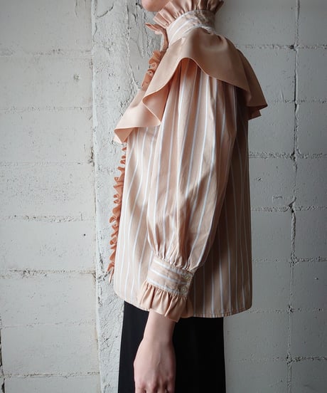 Frilled × Stripe Stand Collar Blouse BE