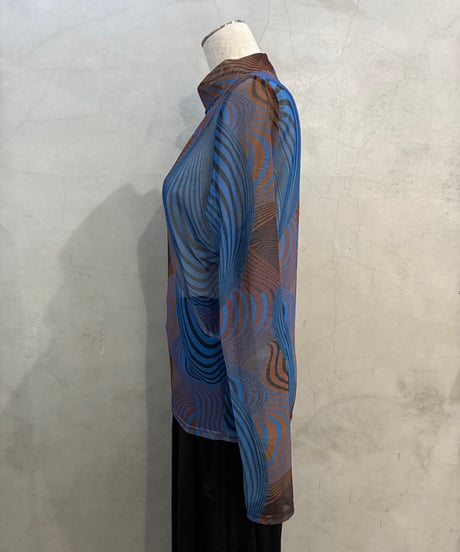 Mock Neck Geometric Pattern Sheer Tops BLBR