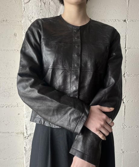 Collarless Snap Button Leather Jacket BK