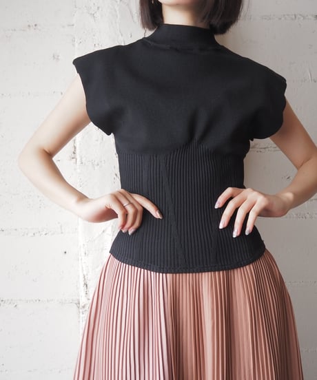 Power Shoulder Mockneck French Sleeve Knit BK