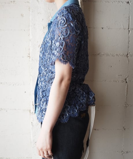 ESCADA Lace×Sequins Open Collar Shirt BL