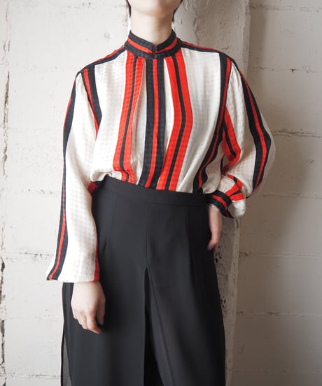 Tricolor Stripe Stand Collar Silk Blouse WHBKRE