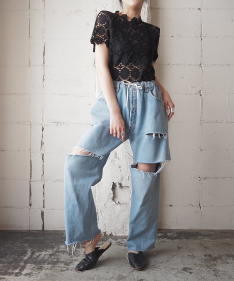 Flower Crochet Sheer Switching Blouse BK