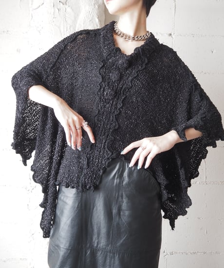 Button Design Knit Poncho BK
