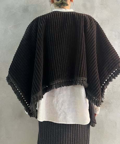 Hem Fringe Coduroy Poncho BK