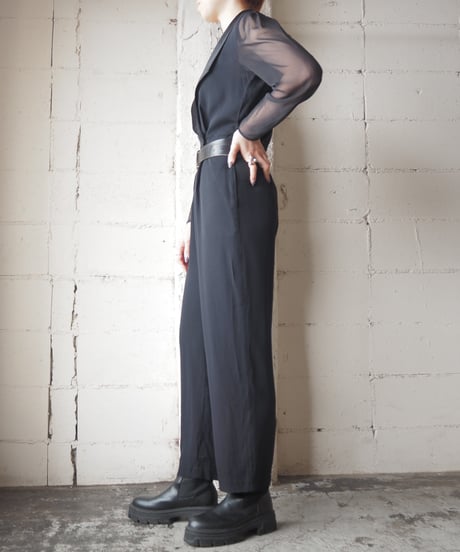 Sheer Sleeve Satin Collar Jump Suit BK