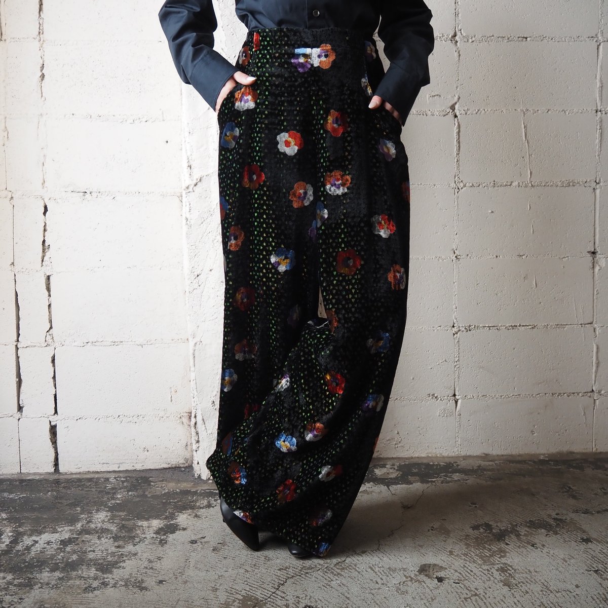 Floral print Velour Wide Pants BK | Orfeo