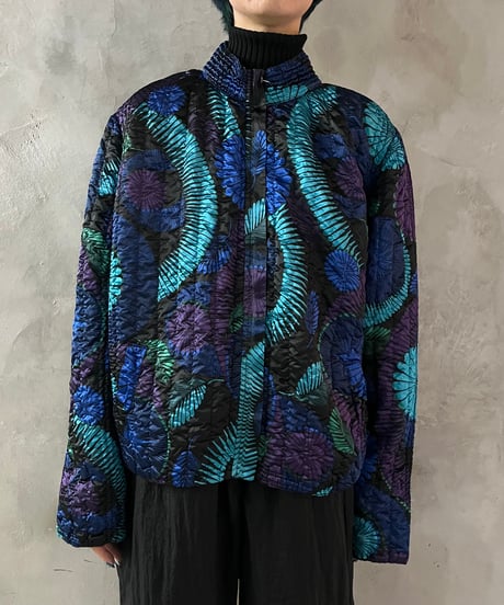 Flower Pattern Quilted Zip Up Jacket BLBK