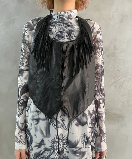 Lace Design Leather Fringe Bustier BK