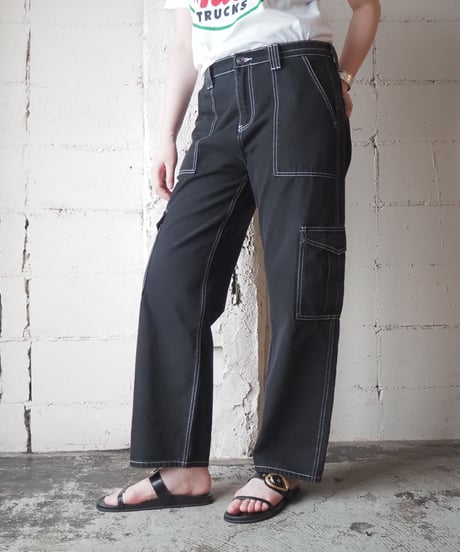 Wide Leg Cargo Pants with White Stitching BK WH