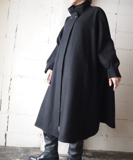Front Top Button Wool Cape Coat BK