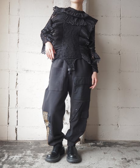Cutwork Pleated Frill×Lace Bodysuit BK