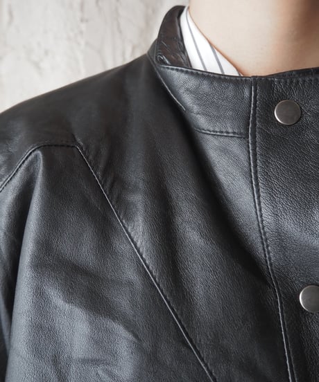 Tuck Shoulder Stand Collar Leather Jacket BK