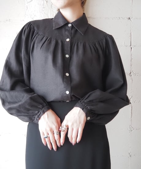 Gather Volume Sleeve Linen Blouse BK
