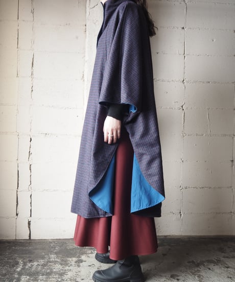 Reversible Cape Coat Check × Blue
