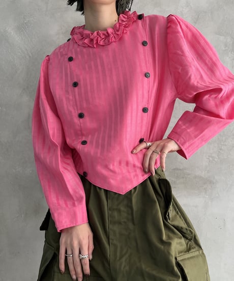 Frill Neck Stripe Front Button Design Blouse PI