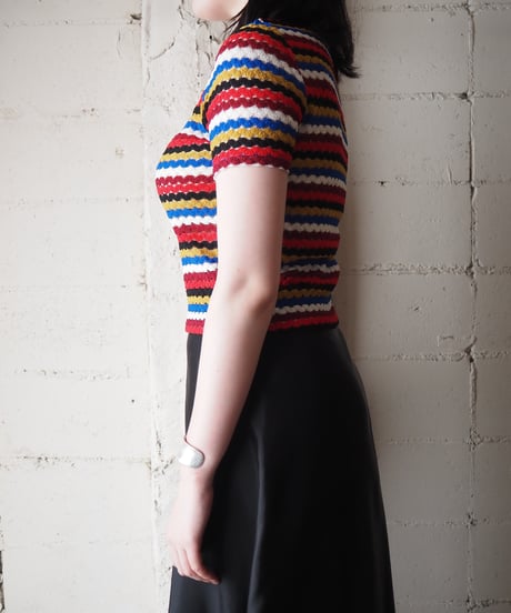 1980's Multi Color Stripe Short Sleeve Knit BE BL YE RE BK