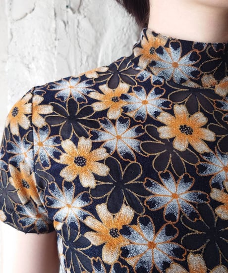 Flower Pattern Mock Neck Cutsewn BKOR