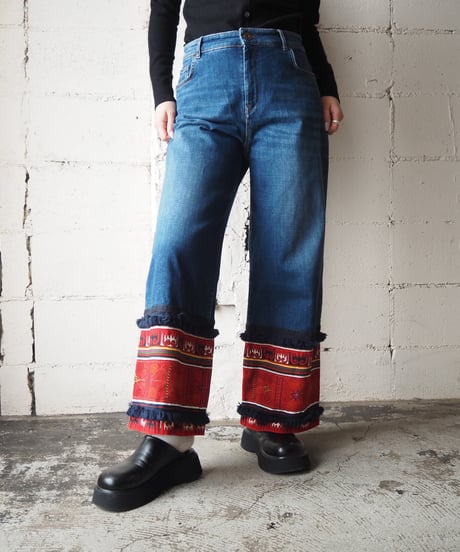 WEEKEND MaxMara Ethnic Fabric Fringe Hem Denim BL RE