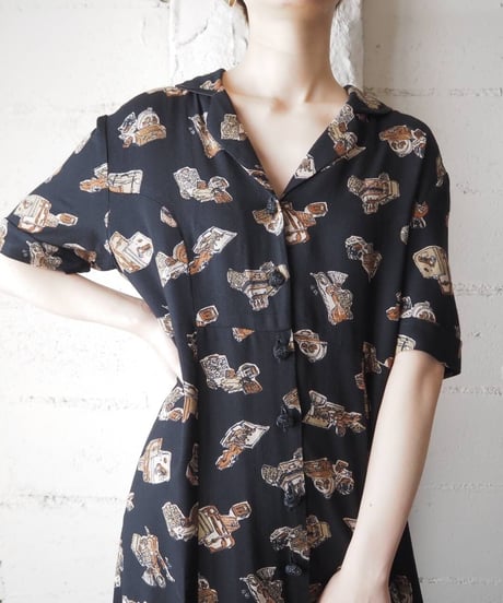 Open Collar Pattern Shirt Dress BK BR