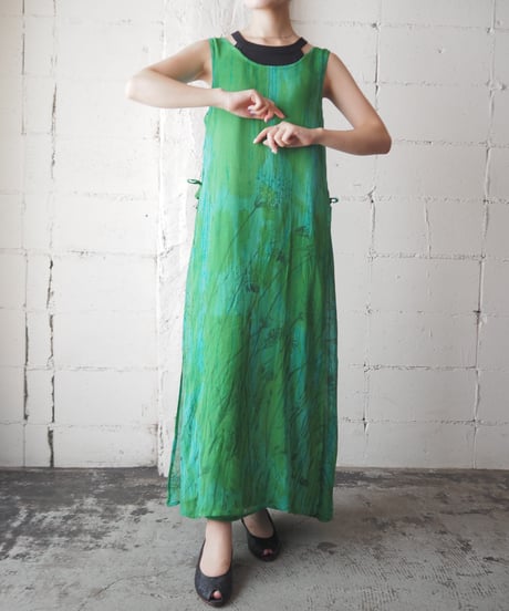 Botanical Pattern Sheer Layered Dress GN