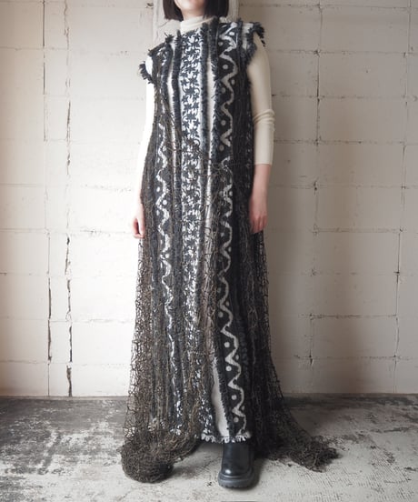 HIROKO KOSHINO Lace Layered Pattern Dress BK WH BR