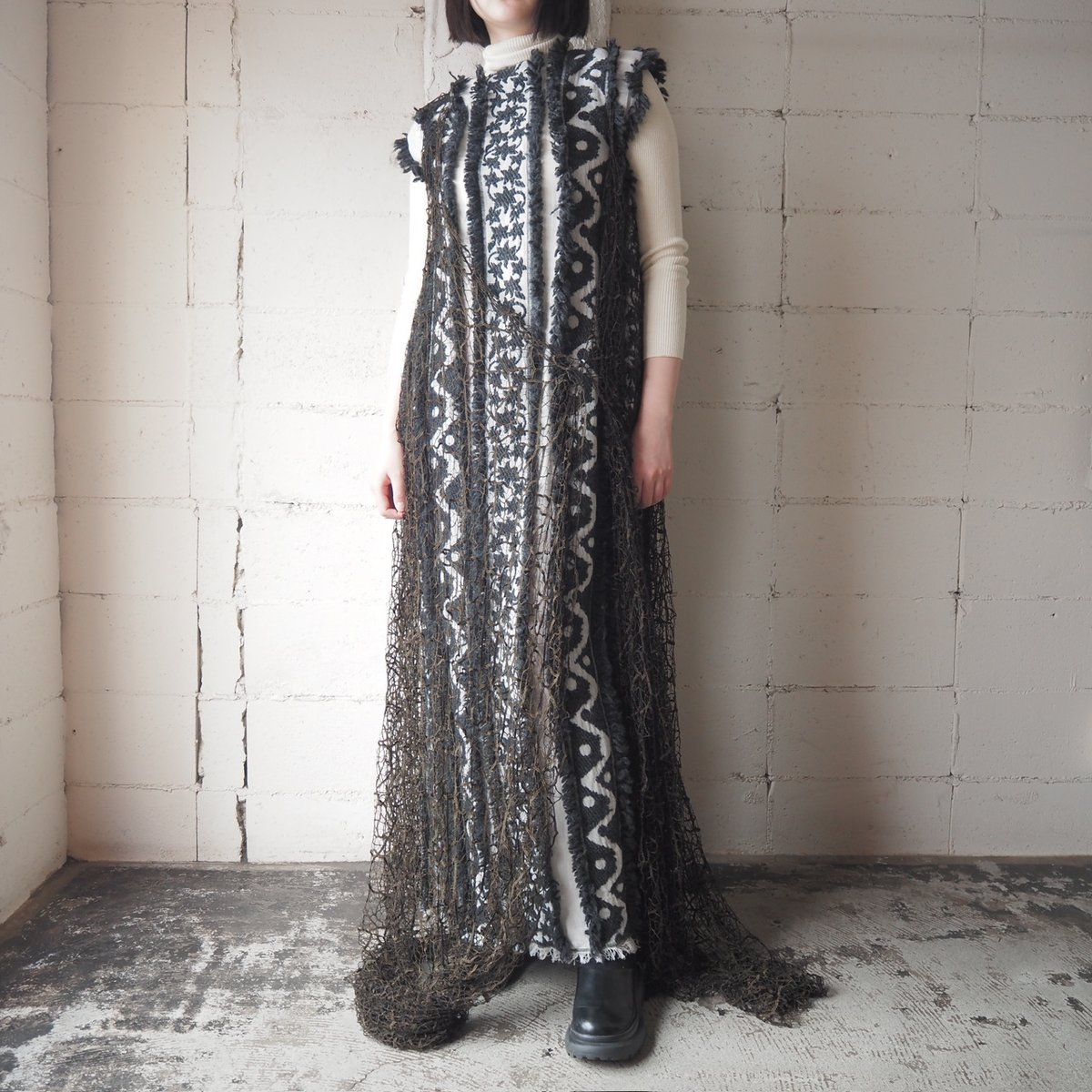 HIROKO KOSHINO Lace Layered Pattern Dress BK WH