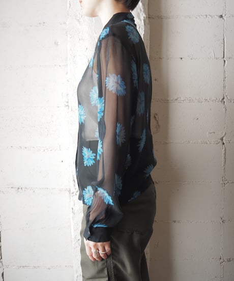Flower Print Sheer Silk Shirt BKBL