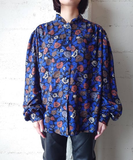 Stand Collar Flower Pattern Blouse BKBLOR