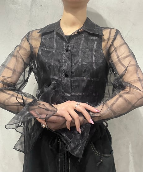Volume Sleeve Sheer Check Shirt BK