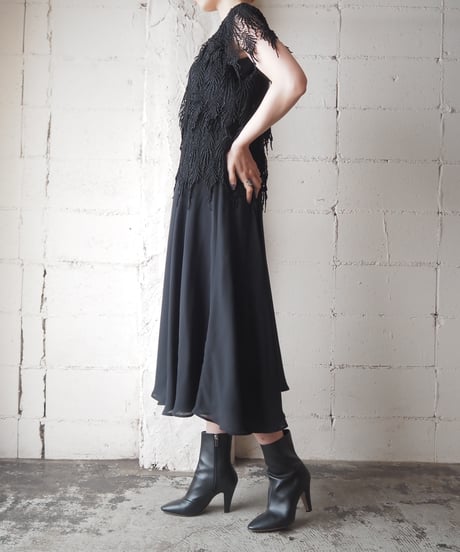 Tiered Lace Bodice×Sheer Skirt Dress BK