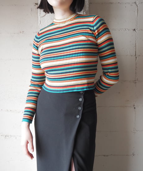 Multi Stripe Rib Knit BK WH YE RE GN