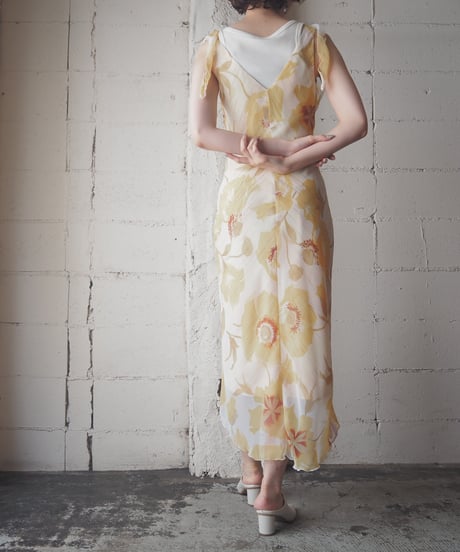 Shoulder Ribbon Floral Pattern N/S Dress YEWH