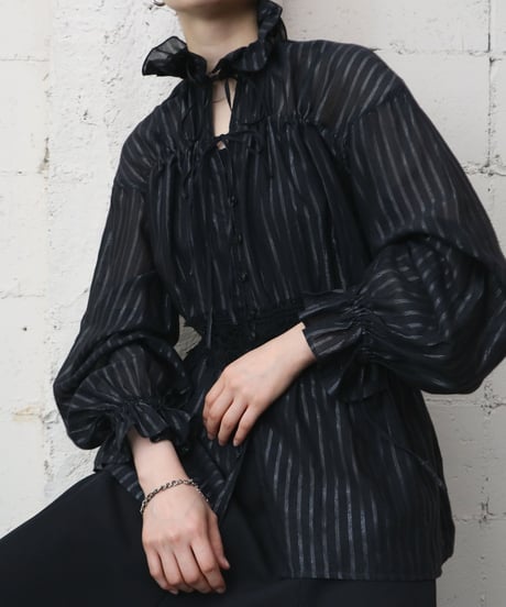 String Shirring Stripe Blouse BK