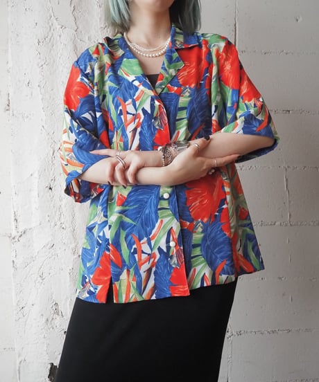 Open Collar Flower Shirt BL GN OR
