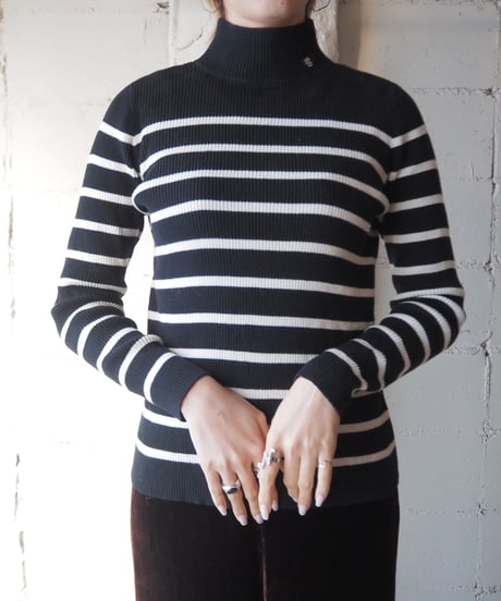 LAUREN Mock Neck Border Knit BK WH
