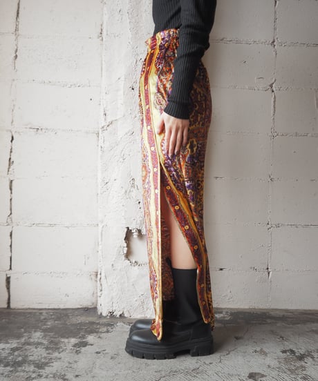 Ethnic Pattern Slit Tight Skirt YE PU OR