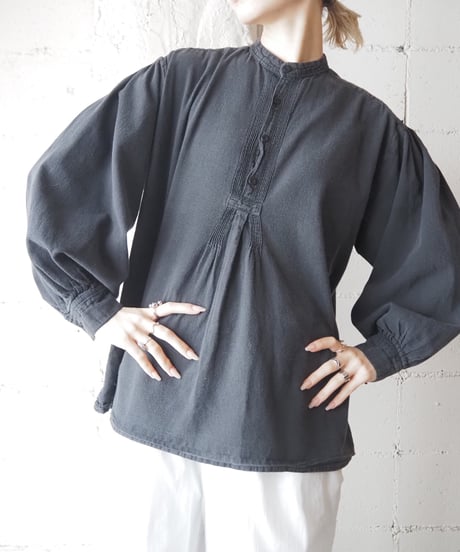 Front Gather Pullover Band Collar Shirt BK