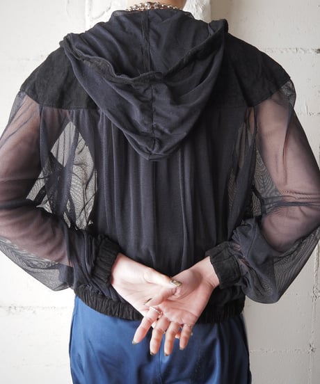 Sheer×Leather Snap Button Blouson BK