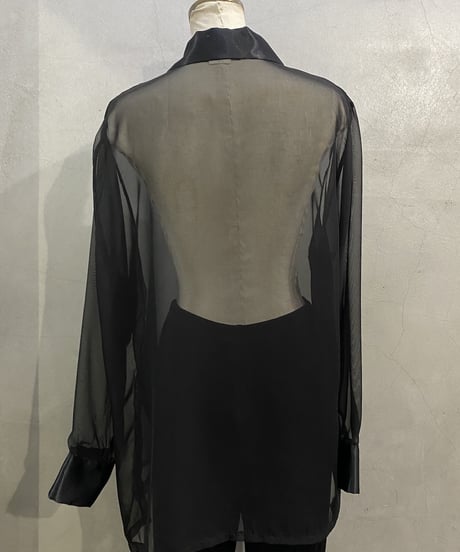 L/S Shiny Collar Sheer Shirt BK
