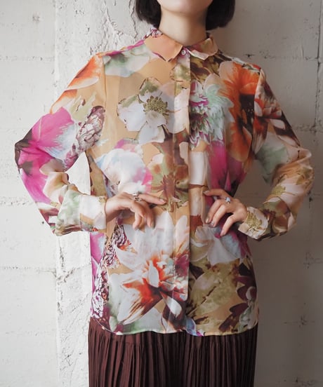Vera Wang Flower Pattern Sheer Shirt BEPUROR