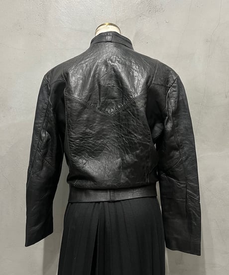 Belt Neck Zipup Leather Jacket BK